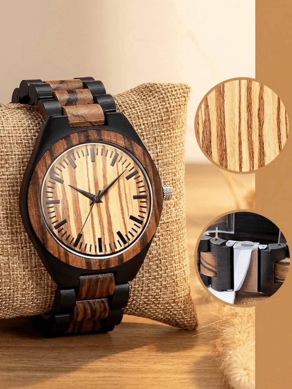 Wood and Black Two-Tone Men's Wooden Watch